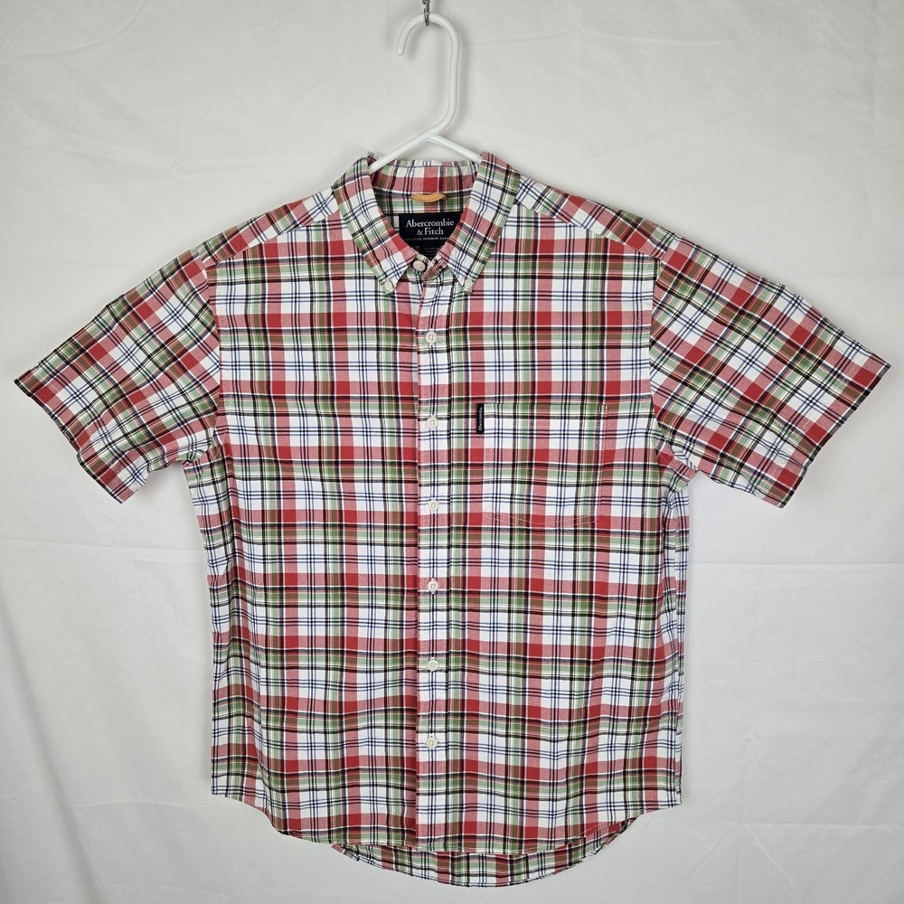 Abercrombie & Fitch Mens Button Down Shirt Size M Red Plaid Short Sleeve‎ Preppy